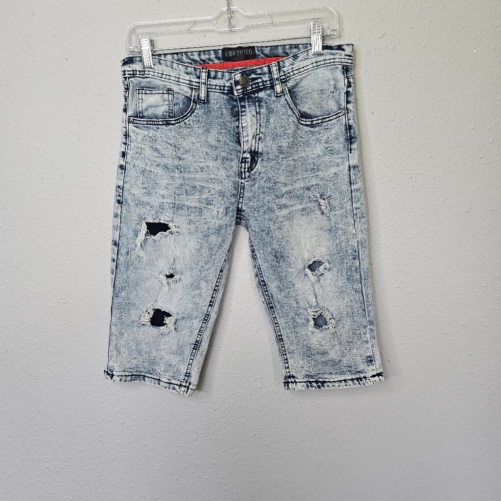 Encrypted Big Boys Jean Shorts Size 18‎ Acid Wash Straight Distressed Logo